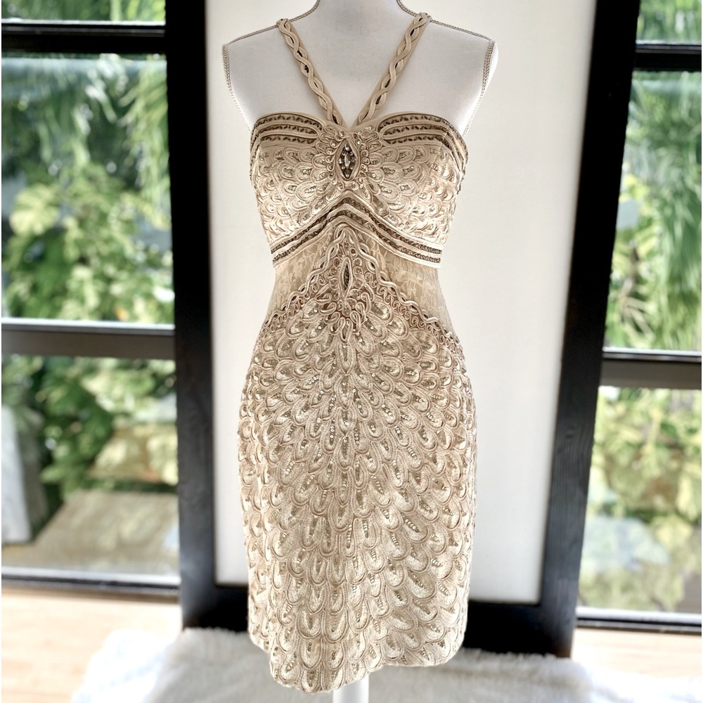 Sue Wong Champagne Peacock Dress